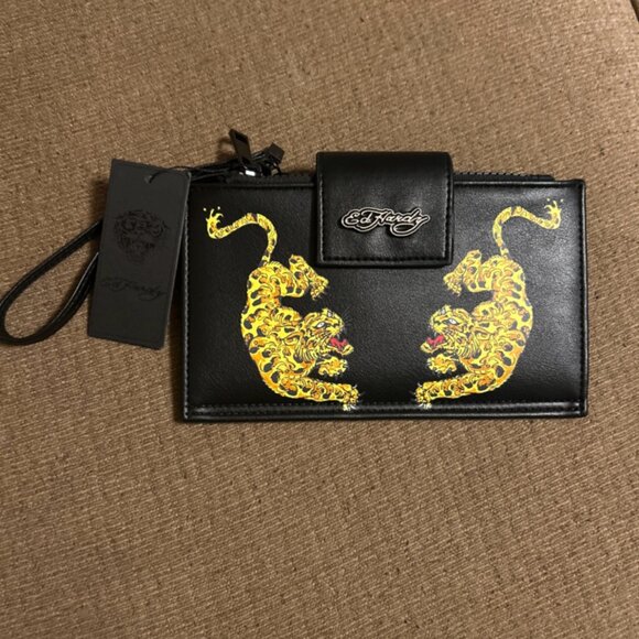 Ed Hardy Screaming Tigers Print Double Zip ID's Wallet Wristlet Coin Card Purse - Picture 4 of 12